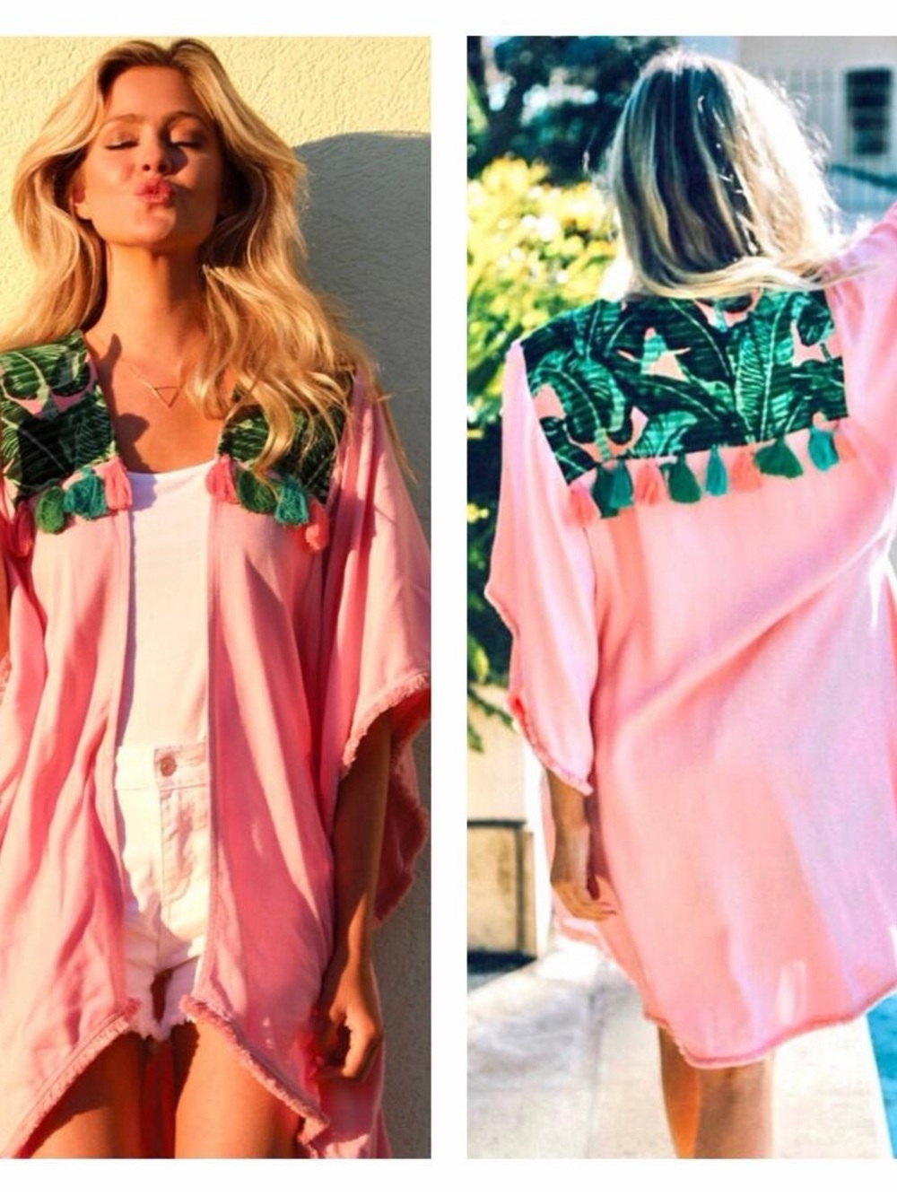 Judith March Pink Tassel Trim Beach Kimono with Green Embroidered Yoke